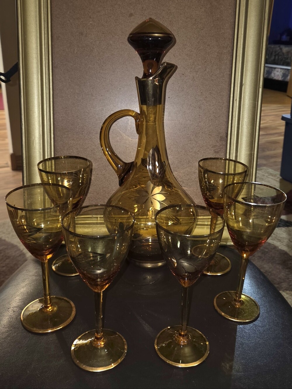 MCM 8 pc Romanian Amber Glass Decanter Stopper & 6 Glasses w Gold Floral Design